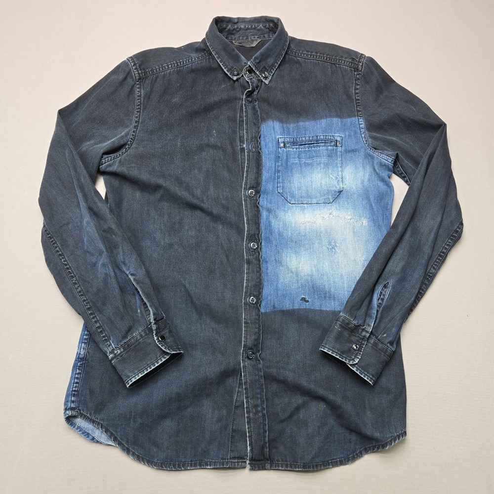 Diesel Denim Shirt Two Tone Colorblock Distressed Blue Black Mens Size M